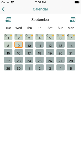 Calendar page showing meals, episodes and weights