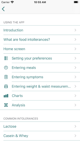 Guide page showing usage instructions and information on common intolerances